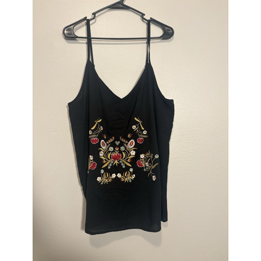 Tecrew Embroidered Black Tank Top XL Floral Camisole Boho Y2K Cottage Fairy Core